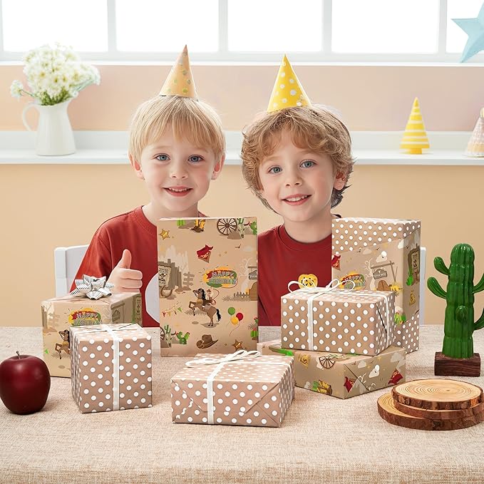 WERNNSAI Cowboy Wrapping Paper - 1 Roll 17” x 16.4ft Western Birthday Gift Wrap Men Boys Birthday Wrapping Paper Brown Cowboy Gift Packing Decoration Reversible Polka Dot Design