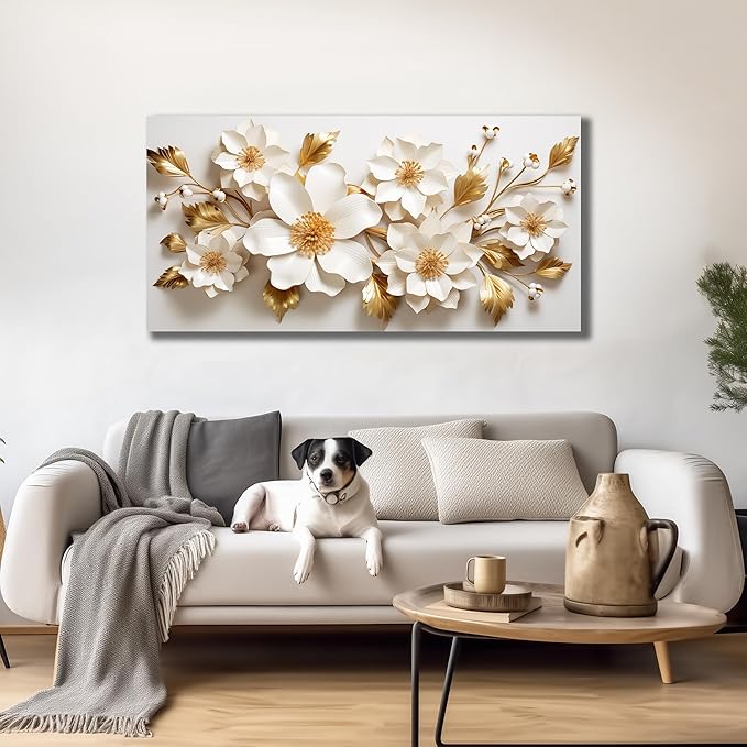 JuhaiArt Gold Wall Decor White 3D Floral Wall Art Elegant Flower Canvas Decor for Bedroom Living Room Office Picture Artwork 24" x 48"