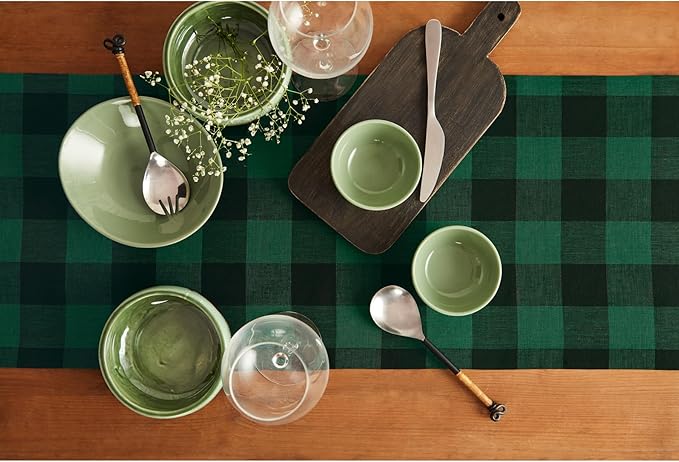 Solino Home Linen Checkered Table Runner 48 Inches - 100% Pure Linen Buffalo Check Green and Black Table Runner 14 x 48 Inch Ideal for Dresser and Coffee Tables - Winter