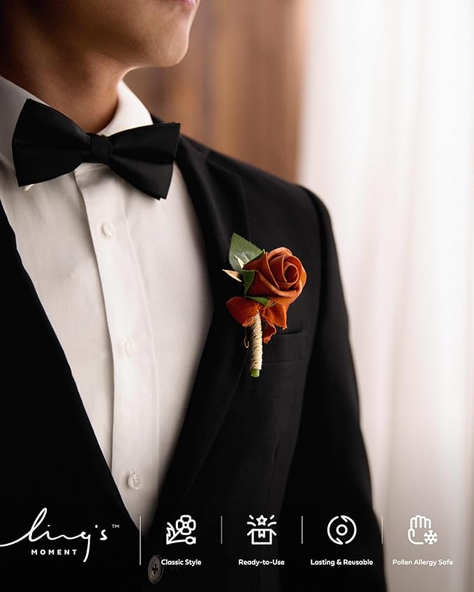 Ling's moment Boutonniere for Men, 10pcs Groomsmen Guest Boutonniere, Artificial Flowers for Wedding Décor/Prom/Homecoming,etc.Fall Terracotta Orange