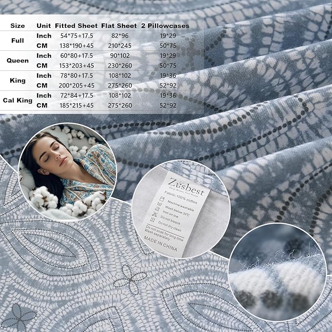 Zusbest Full Size Sheets 100% Percale Cotton Grey Bed Sheet, Brushed for Extra Softness, Breathable Luxury Flannel Like Sheets Modern Classic Navy Printed Deep Pocket Bed Set 17.5'' 4 Pcs