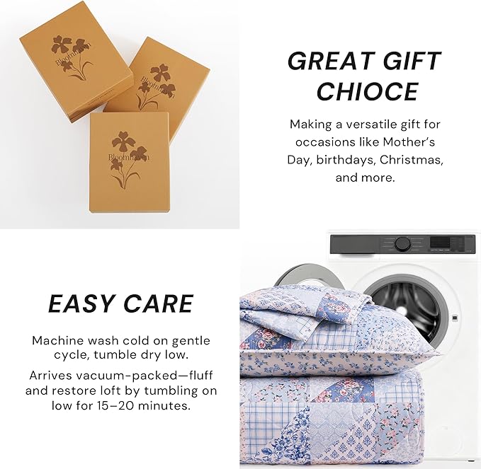 Quilt Set King Size, Patchwork Blue Pink Marigold Floral Quilt Sets, Reversible Bedspread Lightweight and Breathable for All Seasons, Soft Quilted Bedspread with 2 Pillow Shams