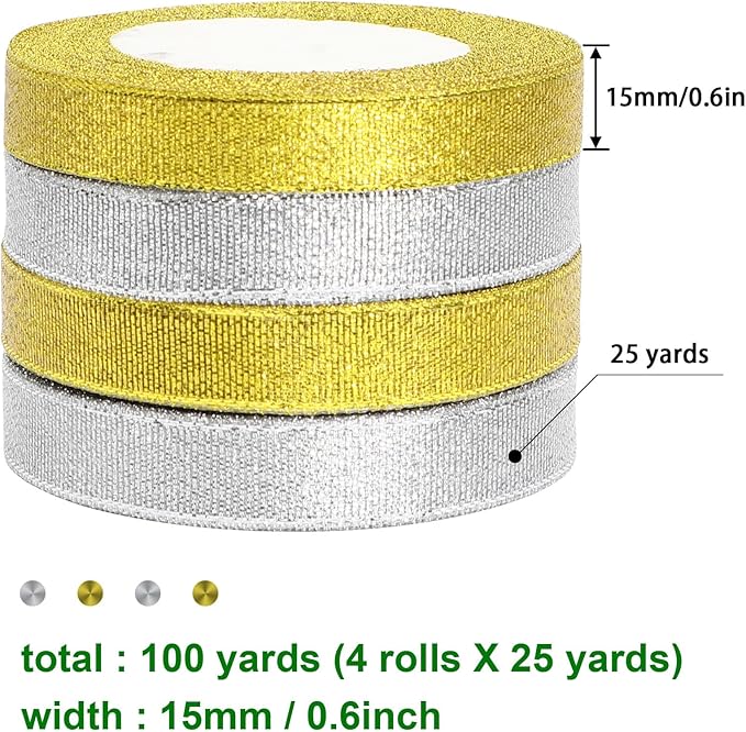 DECYOOL 4 Rolls 100 Yards Christmas Satin Ribbons 15mm Wide Holiday Craft Ribbons for Gift Wrapping and Xmas Decoration, Gold & Silver