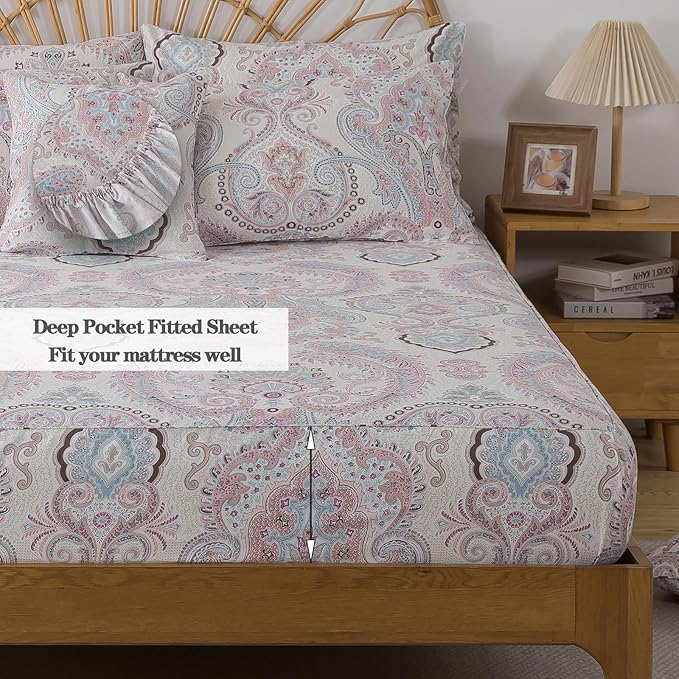 FADFAY 100% Cotton Paisley Damask Twin Bed Sheet Set, 4-Piece Soft Breathable Vintage Bedding with Deep Pocket Fitted Sheet, Flat Sheet and Pillowcases, All Season Cotton Sheets