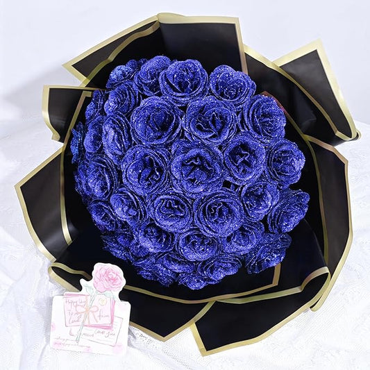Waipfaru Glitter Roses Bouquet, DIY Fake Flowers Bouquet, Birthday Gifts for Women Mom, 24 Pcs Blue Rose for Grandma Wife Girlfriend Valentines, Mothers Day, Anniversary, Graduation