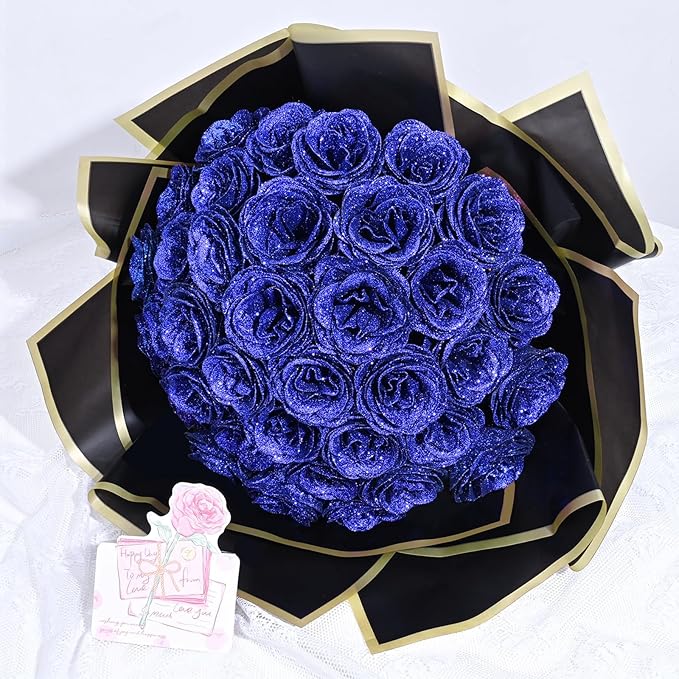 Waipfaru Glitter Roses Bouquet, DIY Fake Flowers Bouquet, Birthday Gifts for Women Mom, 36 Pcs Blue Rose for Grandma Wife Girlfriend Valentines, Mothers Day, Anniversary, Graduation