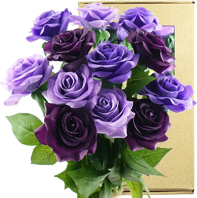 FiveSeasonStuff 12 Stems Artificial Flowers Real Touch Silk Roses for Wedding Decoration Bridal Bouquets Table Centerpieces Party Shower, Packed in Box (Purple Grandeur)