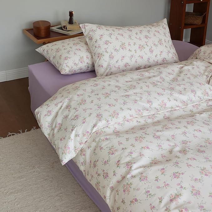 EAVD Girls Floral Duvet Cover Twin Soft Cotton Chic Shabby Pink Purple Floral Bedding Set with 2 Pillowcases Reversible Garden Botanical Duvet Cover with Zipper Closure