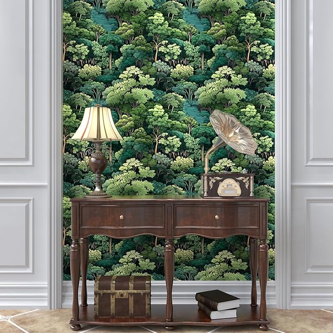 Forest Wallpaper Peel and Stick, Green Trees Contact Paper, Vintage Woodland Mountain Botanical Wall Paper Self Adhesive Waterproof Removable for Room Shelves Cabinet Drawer Table Decor 17.5" x 78.7"