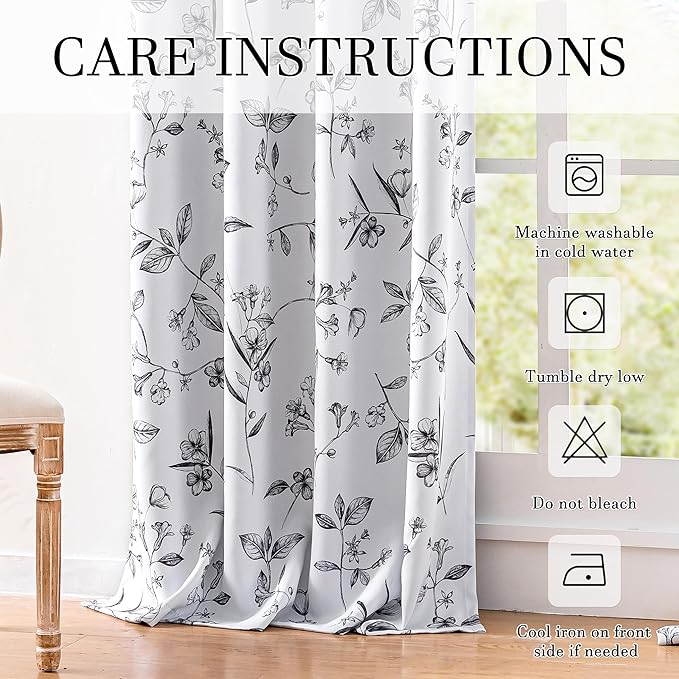 ChrisDowa 100% Blackout Floral Curtains 108 Inches Long 2 Panels for Bedroom Living Room Black Flower Patterned Room Darkening Thermal Insulated Soundproof Grommet Window Treatments Drapes,52X108