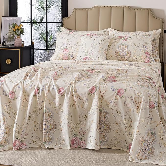 FADFAY 100% Cotton Pink Rose Floral 4-Piece King Bed Sheet Set, Soft Breathable Cooling Sheets with Deep Pocket Fitted Sheet, Flat Sheet & Pillowcases, All Season Romantic Vintage Bedding
