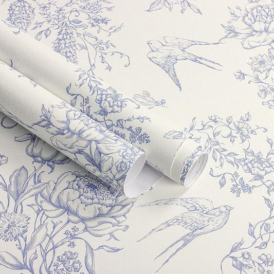 Cream White and Blue Peel and Stick Wallpaper Vintage Floral Contact Paper 16.9"x 118.1" Blue Floral Wallpaper Peel and Stick Birds Self Adhesive Removable Wall Paper for Bedroom Bathroom