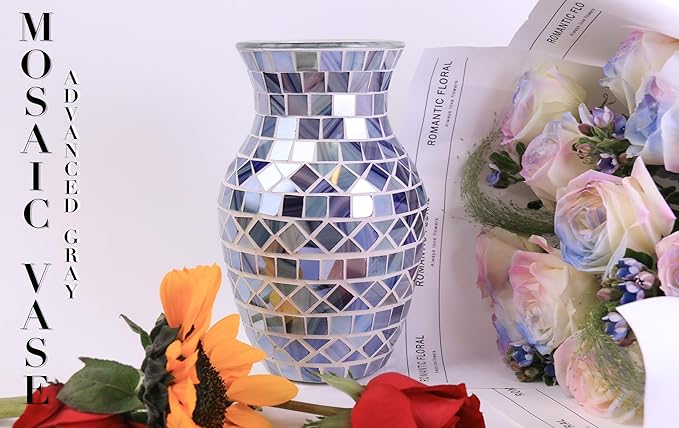 8" H Gray Blue Mosaic Vase.Exquisite Craftsmanship.Decor Home Modern Midsize All Handmade Mosaic Vases .Beautiful Glass Vase for Home&Office Decor.Unique Gift