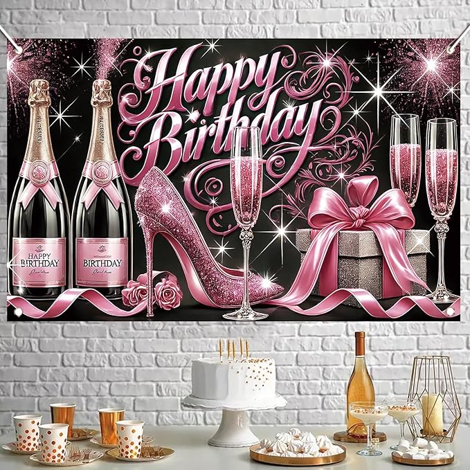 Happy Birthday Backdrop Banner Glitter High Heels Wine Glass Photography Background Poster for Women Girls Birthday Party Decorations Supplies 71 x 43 Inch