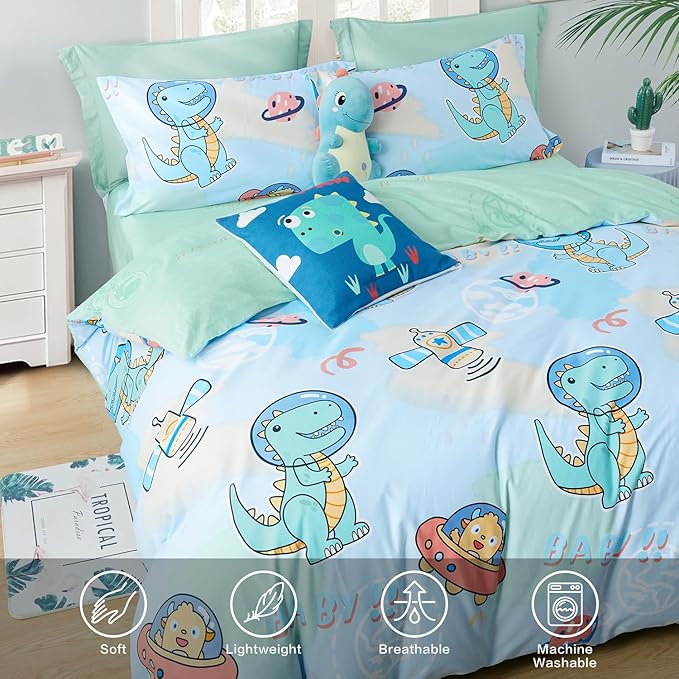 SAPHREAS Cartoon Dinosaur Kids Duvet Cover Set Queen Size 4pcs with Fitted Sheet 100% Cotton Children Bedding Comforter Cover Set, Comforter Not Included
