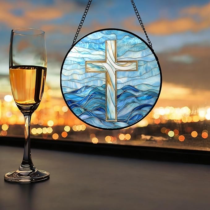 Christian Gifts for Women - Blue Cross Stained Glass Window Hanging Jesus Easter Ocean Waves Sun Catcher Garden Religion Decor Mother's Day Catholic Gift for Men Grandma Mom Her Nana 11.8"