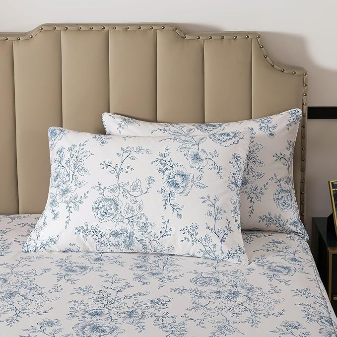 FADFAY 100% Cotton Blue Floral Bed Sheet Set, French Country Cottagecore Bedding 4Pcs, Luxury Soft Breathable Cooling Sheets with Deep Pocket Fitted Sheet, Flat Sheet & Pillowcases, California King