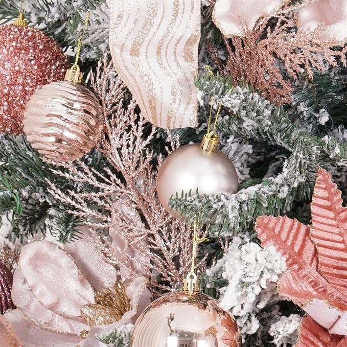 Christmas Glitter Twig 24pcs Artificial Pine Tree Picks for Christmas Tree Ornaments fillers, DIY Xmas Wreath, Crafts, Garland, Holiday, Party, Wedding and Home Decoration (Rose Gold)