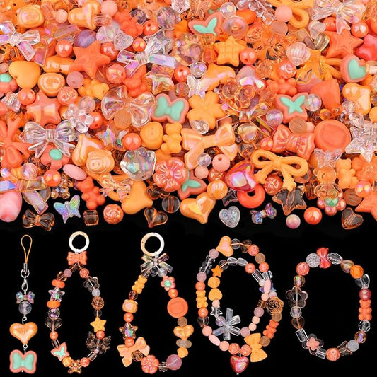 Assorted 200-260PCS Orange Acrylic Beads for Bracelet Making, Flower Bow Candy GummyBear Bracelet Charms,Cute Beads for Jewelry Making DIY Necklace Keychain Phone Charm Christmas Gift
