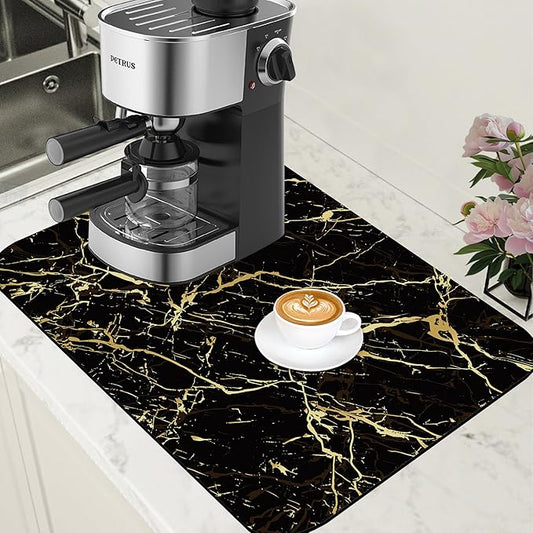 Dish Drying Mat Black and Gold Marble Coffee Bar Mat for Countertop - Absorbent, Rubber Backed, Hide Stain Dish Drainer Rack - Coffee Maker Pot Dining Room Decoration 15.7 x 23.6 Inch