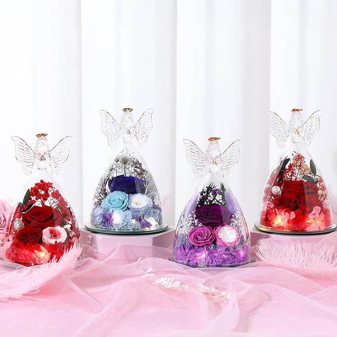 Christmas Rose Gifts for Women Preserved Real Flower in Glass Angel Figurines Roses for Delivery Prime Birthday Gifts for Mom Grandma Girlfriend Wife Her, Purple Austin Roses