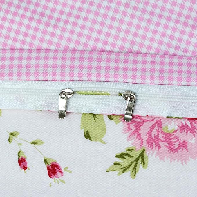 FADFAY Rose Floral Duvet Cover Set Pink Grid Cotton Girls Bedding with Hidden Zipper Closure 3 Pieces, 1duvet Cover & 2pillowcases,Twin XL Size