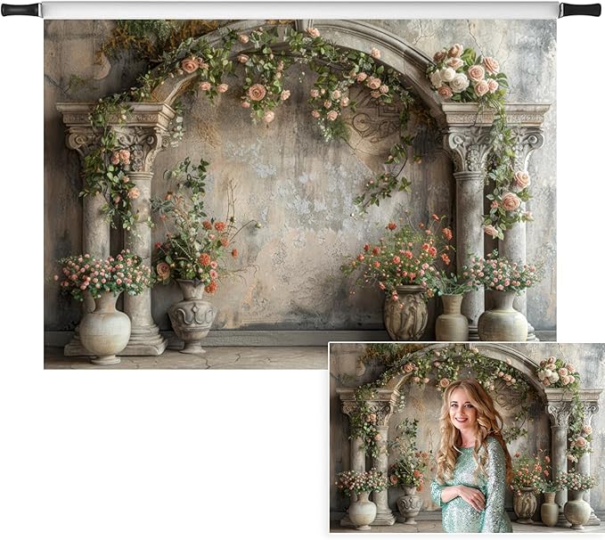 7x5ft Vintage Flower Building Backdrop Blooming Pink Roses Floral Wildflower Medieval Building Background for Mothers Day Bridal Shower Baby Shower Birthday Women Couples Portrait