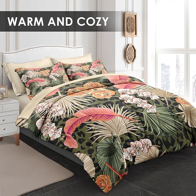 Comforter Set Queen Size, Summer Tropical Flowers 7 Pcs Bedding for Kids and Adults, Hawaiian Palm Leaf Leaves Bed Sheet Sets with Fitted Sheet 2 Pillowcase & 2 Sham for Bedroom Bed Decor