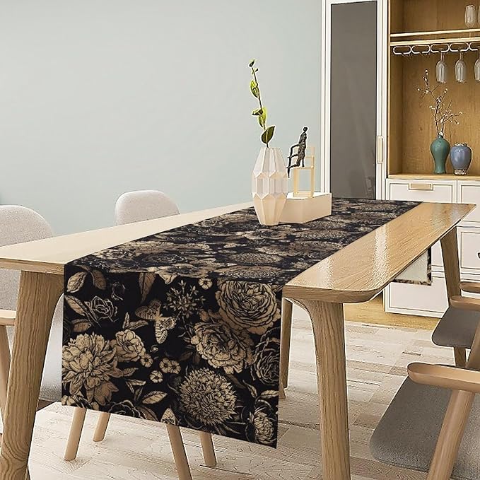 Gold Black Floral Table Runner, Vintage Peony Flower Blossom Butterfly Rustic Plant Leaves Gothic Dark Floral Table Runner for Farmhouse Cottage Kitchen Dining Table Decor, 13x90inch
