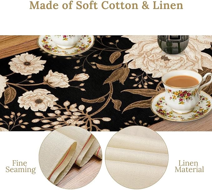 Black Gold Floral Table Runner, Retro Peony Rose Flowers Oriental Style Gothic Garden Print Table Runner for Farmhouse Kitchen Indoor Outdoor Decoration, 13x70inch