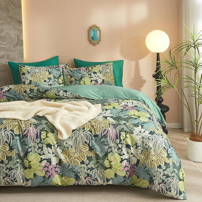 HighBuy Tropical Green Leaves Duvet Cover Twin XL Kids Girl Bedding Set Cottagecore Comforter Cover with 2 Pillowcases 100% Cotton Garden Duvet Cover Twin XL Aesthetic Bedding Set with Zipper