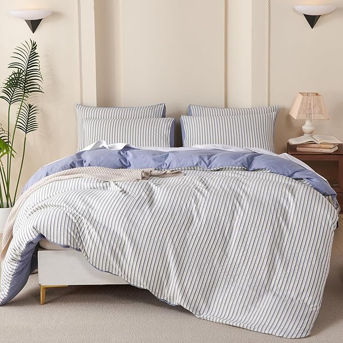 Striped Duvet Cover Queen Blue Washed Microfiber Jacquard 3 Pieces Bedding Set, White Blue Vertical Ticking Stripes Pattern Comforter Cover with Zipper Closure Breathable Durable Soft Comfy