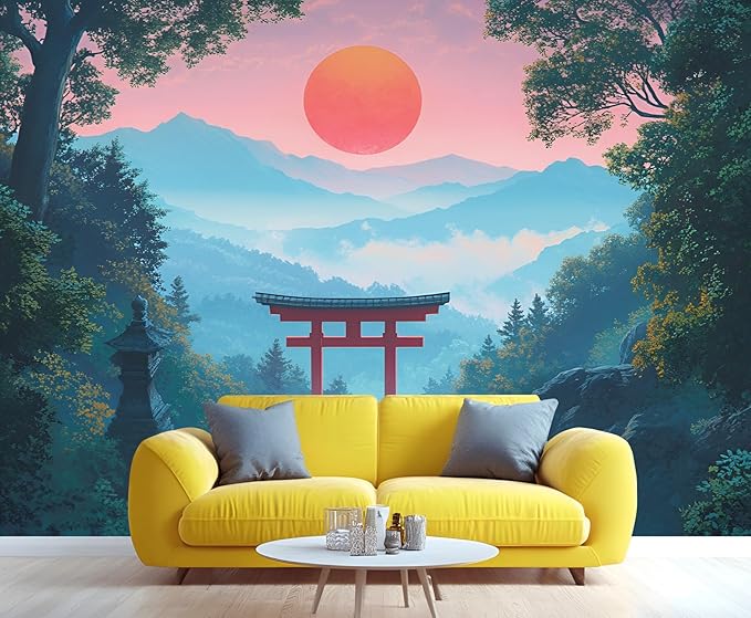 KIREUPA Japanese Torii Gate Wall Mural, Sunrise Mountain Landscape 3d Wall Murals, Zen Nature Art Wallpaper Mural, for Living Room Bedroom Large Wallpaper Indoor Decor 118" W x 82.6 "H