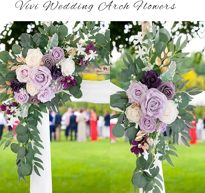 ponatia Wedding Arch Flowers with 26Ft Chiffon Fabric, Artificial Purple Flowers for Wedding Welcome Signs Decorations for Wedding Ceremony Reception (Lilac & Cream)