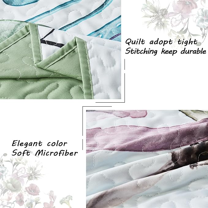 Yogeneg King Size Quilt Set, Elegant Floral Botanical Pattern Green Bedding Set,3 Piece Lightweight Soft Summer Bedspread Coverlet with 2 PIillow Sham for All Season(Green Floral,110"x96")