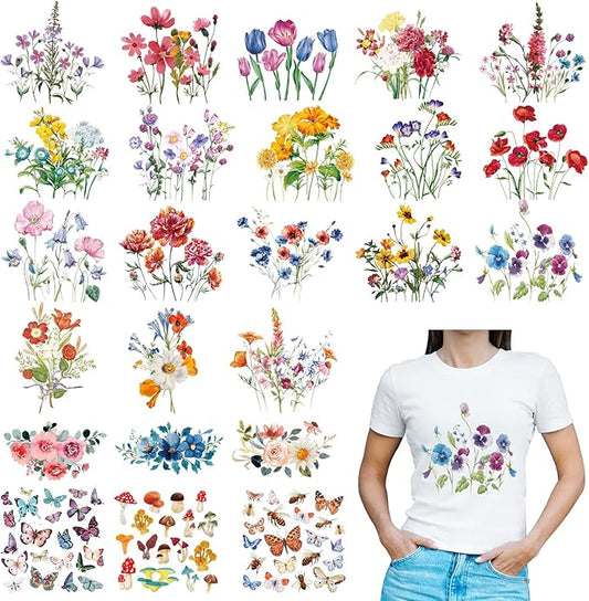 Kisston 24 Pcs Wild Flower Iron on Patches for Clothing Colorful Spring Summer Flowers Heat Transfer Stickers Decals Washable Iron on Transfers for T Shirts Appliques for Clothes DIY Pillows
