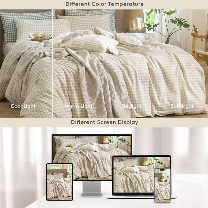 MooMee Gingham Duvet Cover Set 100% Washed Cotton Linen Like Textured Breathable Durable Soft Comfy Modern Checkered Design (Almond Milk Grey Gingham, Palatial King/Oversized King 120"x98")