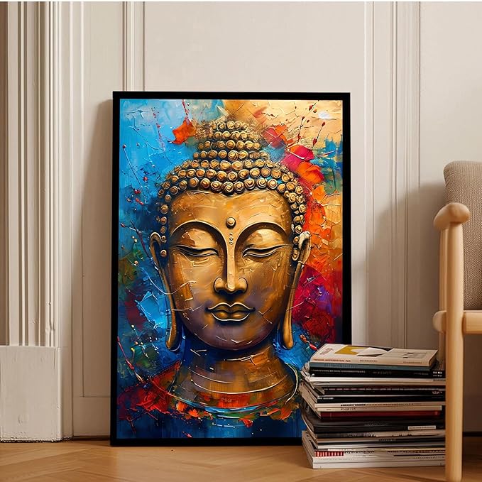 Golden Serenity Buddha Vintage Painting Wall Art Spirituality and Modern Art Wall Decor Adds Brilliance to Vibrant Home Decor 20x30in Metal blackFramed