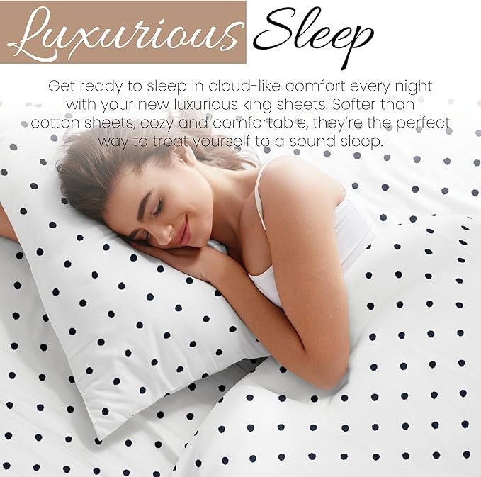 Linen Market Patterned Microfiber King Sheet Set 4 Piece – Oeko-TEX Certified Ultra Soft & Wrinkle-Free - 16" Deep Pocket Sheets - Easy Care King Size - Dots Navy