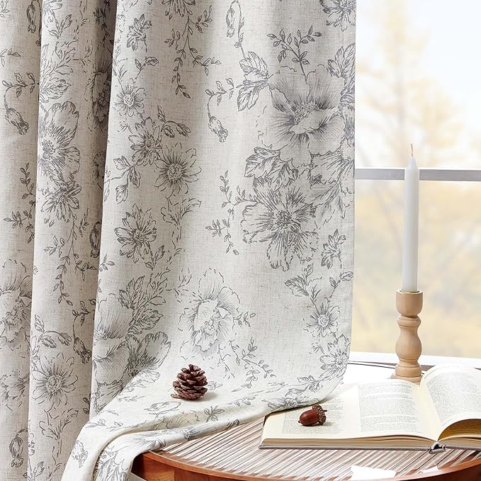jinchan Blackout Linen Blend Curtain Gray Floral Blackout Curtains for Living Room 90 Inch Length Grey Printed with Lined Blackout Curtain for Bedroom Farmhouse Curtains Set 2 Panels