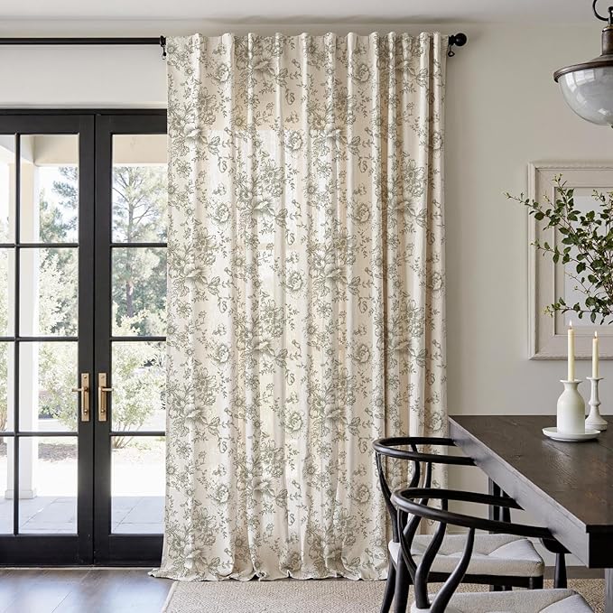 jinachan Linen Floral Curtains Extra Wide for Patio Sliding Glass Door Room Divider Curtain for Living Room Christmas Drapes 108 Inch Length Farmhouse Peony Green Printed Curtain Set 1 Panel