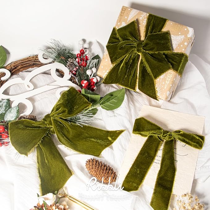 Ribbli Moss Green Velvet Ribbon 1.5 Inch Handmade Frayed Vintage Christmas Ribbon for Gift Wrapping Christmas Tree Ornament Wreath Craft Home Decor -3 Yards