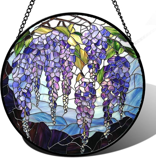 Stained Glass Window Hanging, Purple Wisteria Flowers Suncatcher for Doors Window Home Plant Sun Catchers Decoration Mother's Day Birthday Gifts for Women, Men, and Mom 9.8x9.8 in