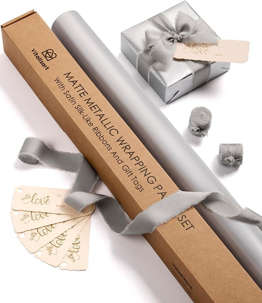 Vitalizart Silver Matte Metallic Wrapping Paper Set 30" With Silk Satin Ribbon & Gift Tags Christmas Gift Wrapping Birthday Baby Shower Wedding Bouquets Handmade Crafts 197"(16.4 Ft) Silver Ribbon