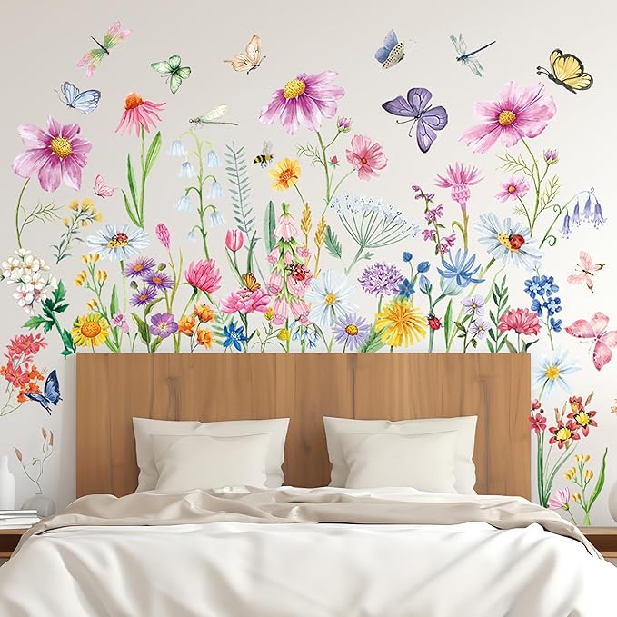 9 Pcs Flowers Wall Decals Peel and Stick, Colorful Wildflower Dragonflies Floral Wall Stickers for Living Room Bedroom Baby Nursery