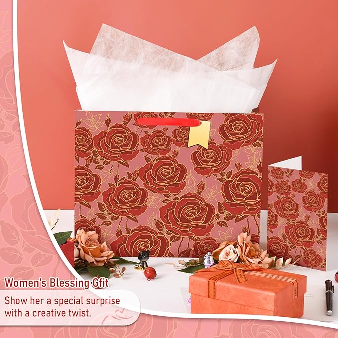 Bloomwords 13" Mother’s Day Gift Bags with Card Tissue(Rose Flower) - Birthdays, Valentine’s, Weddings, Anniversaries, Kit includes Card and Tissue Paper (Red, 1 Piece)