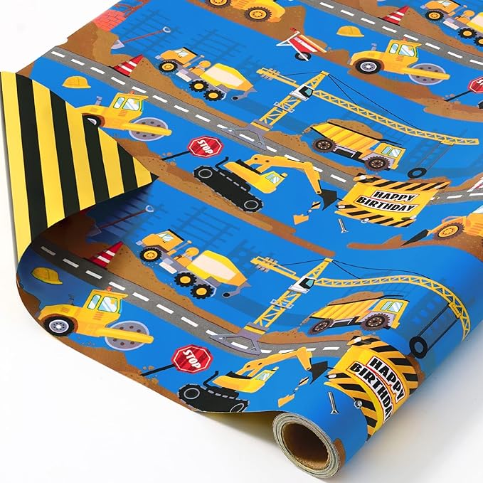 WERNNSAI Construction Wrapping Paper Roll-1 Roll 17”X 16.4 Ft Construction Truck Gift Wrapping Paper With Striped Design for Kids Boys Reversible Tractor Truck Gift Wrap for Birthday Holiday Party Supplies