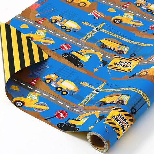 WERNNSAI Construction Wrapping Paper Roll-1 Roll 17”X 16.4 Ft Construction Truck Gift Wrapping Paper With Striped Design for Kids Boys Reversible Tractor Truck Gift Wrap for Birthday Holiday Party Supplies
