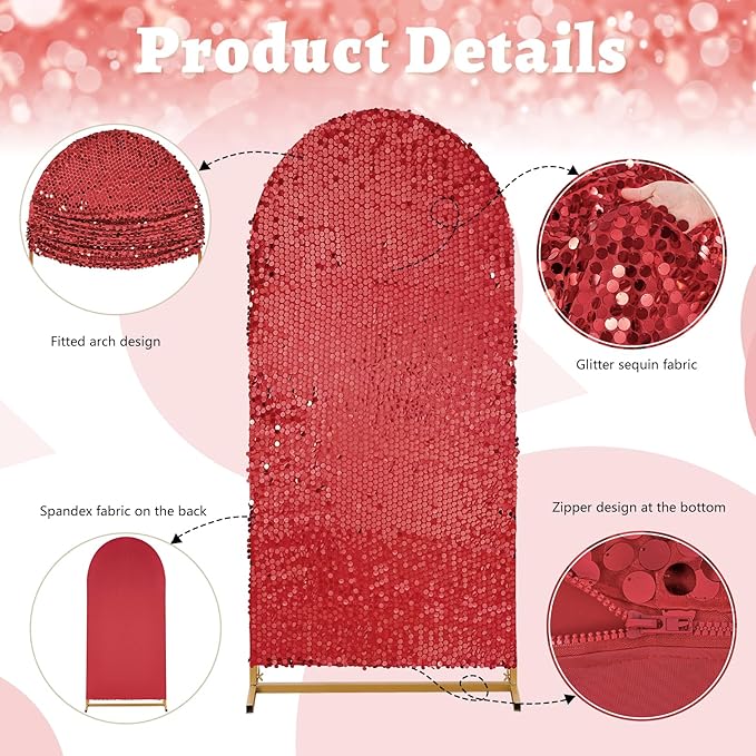 Red Sequin Arch Covers 6.6FT Spandex Fitted Arch Backdrop Cover Wedding Arch Covers for Party Celebration Baby Shower Event Decoration