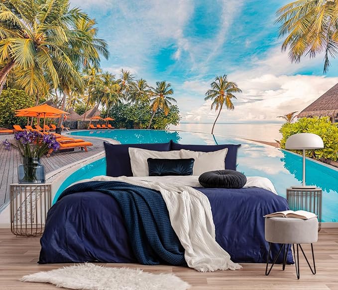 Outdoor Travel Landscape Mural with Swimming Pool Beach Resort Wallpaper, Coconut Trees and Blue Sky View Wall Mural（Non-self-Adhesive）